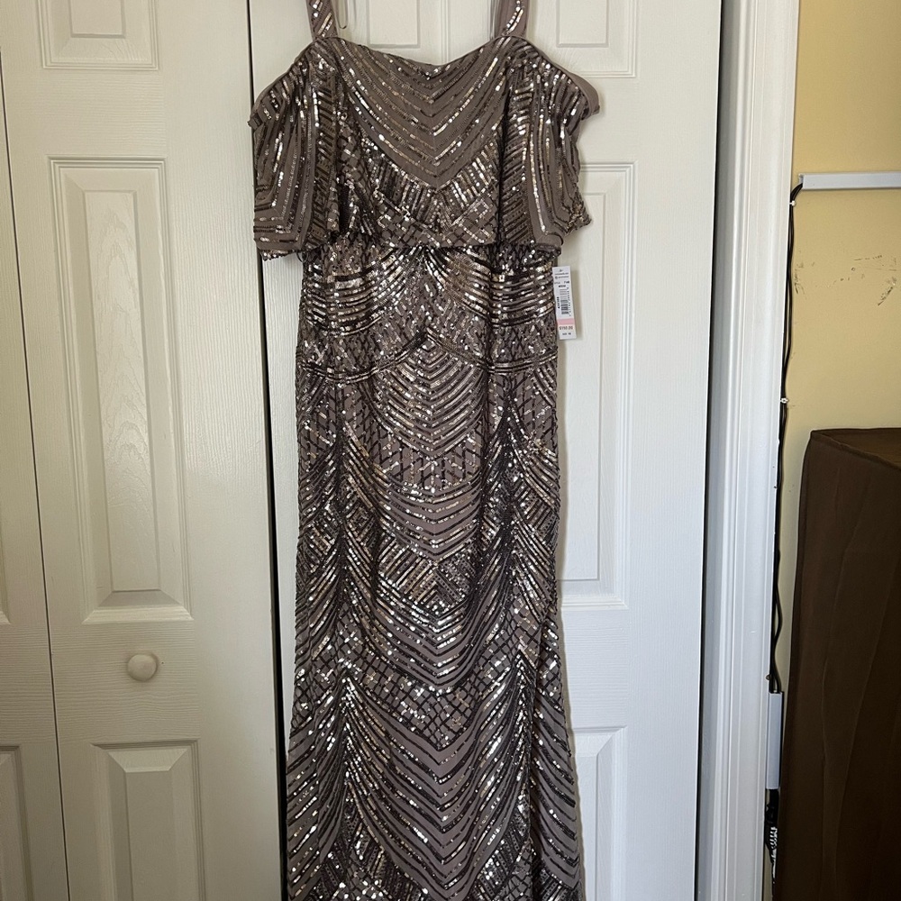 R&M Richards Silver Mocha Maxi Gown with Spaghetti Straps